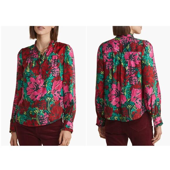 Vineyard Vines Ruffled Collar Silk Blend Floral Print Popover Top Blouse, Sz Med - Picture 2 of 8